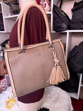 GUESS Beige/Light Tan Monogram Satchel with Braided Handles